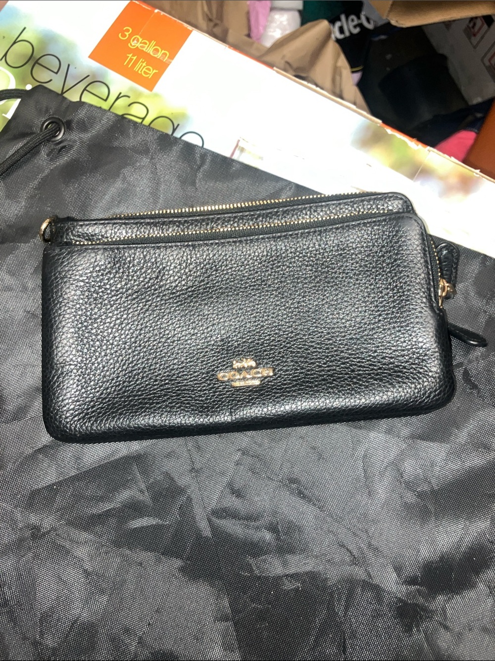 Coach Black Pebbled Leather Wristlet with Gold Logo